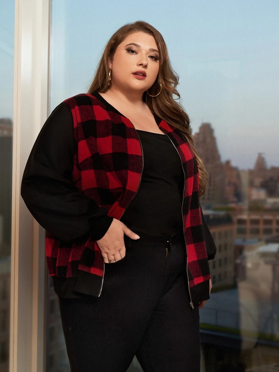 SHEIN CURVE+ Cazadora con estampado de guingán con cremallera - Multicolor - Ver 1