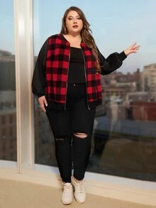 SHEIN CURVE+ Cazadora con estampado de guingán con cremallera - Multicolor - Ver 2