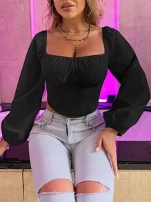 SHEIN Clasi Áo sơ mi nữ Dải chun Nếp gấp Phần Ngực màu trơn Giải trí - màu đen - Xem 3