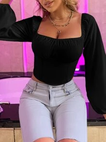 SHEIN Clasi Áo sơ mi nữ Dải chun Nếp gấp Phần Ngực màu trơn Giải trí - màu đen - Xem 4