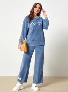 Mulvari Letter Embroidery Drop Shoulder Teddy Pullover & Trousers - Blue - View 1
