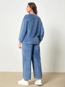 Mulvari Letter Embroidery Drop Shoulder Teddy Pullover & Trousers - Blue - View 2
