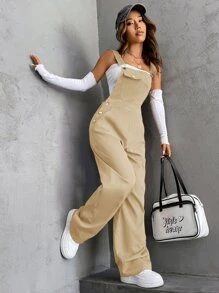 SHEIN Unity 1入組翻蓋口袋背帶褲 - 杏色 - 查看 1