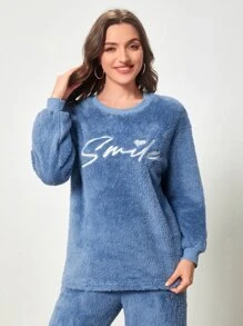 Mulvari Letter Embroidery Drop Shoulder Teddy Pullover & Trousers - Blue - View 3