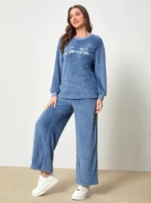 Mulvari Letter Embroidery Drop Shoulder Teddy Pullover & Trousers - Blue - View 4
