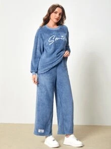 Mulvari Letter Embroidery Drop Shoulder Teddy Pullover & Trousers - Blue - View 5