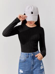 SHEIN Teen Girls' Round Neck Knitted Jacquard T-Shirt, Solid Color - Black - View 1