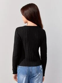 SHEIN Teen Girls' Round Neck Knitted Jacquard T-Shirt, Solid Color - Black - View 2