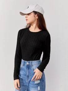 SHEIN Teen Girls' Round Neck Knitted Jacquard T-Shirt, Solid Color - Black - View 3