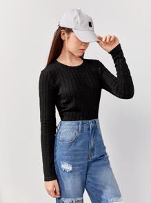 SHEIN Teen Girls' Round Neck Knitted Jacquard T-Shirt, Solid Color - Black - View 4