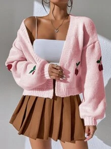 Chiquease 樱桃刺绣灯笼袖长袖开衫，女士春秋休闲刺绣主教袖超大号淡粉色水果蔬菜女士开衫，休闲日常穿着 - 淺粉色 - 查看 7