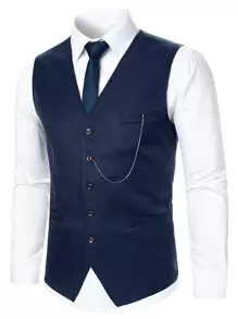 Manfinity Mode 男士1入組鏈條細節馬甲和1入組定制西褲 - 藏蓝色 - 查看 3