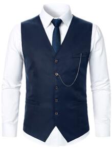 Manfinity Mode 男士1入組鏈條細節馬甲和1入組定制西褲 - 藏蓝色 - 查看 5