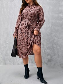 SHEIN VCAY 大碼小碎花荷葉袖繫腰帶連衣裙 - 藕粉色 - 查看 1