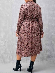 SHEIN VCAY 大碼小碎花荷葉袖繫腰帶連衣裙 - 藕粉色 - 查看 2