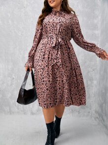 SHEIN VCAY 大碼小碎花荷葉袖繫腰帶連衣裙 - 藕粉色 - 查看 3