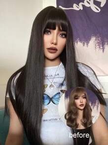 Peluca sintética natural larga lisa con tupe - Negro - Ver 4