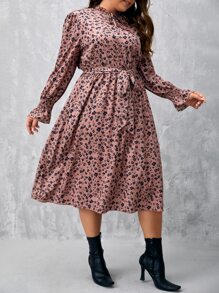 SHEIN VCAY 大碼小碎花荷葉袖繫腰帶連衣裙 - 藕粉色 - 查看 4