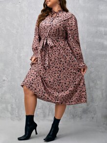 SHEIN VCAY 大碼小碎花荷葉袖繫腰帶連衣裙 - 藕粉色 - 查看 5