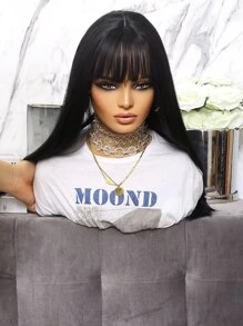 Peluca sintética natural larga lisa con tupe - Negro - Ver 7