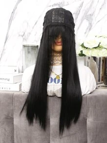 Peluca sintética natural larga lisa con tupe - Negro - Ver 8