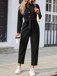 Chiquease Mono camisero unicolor con botón delantero con cinturón - Negro - Ver 3