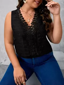 SHEIN Clasi Plus Guipure Lace Insert Blouse - Black - View 1