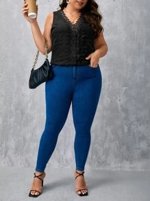 SHEIN Clasi Plus Guipure Lace Insert Blouse - Black - View 3