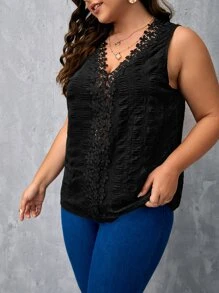 SHEIN Clasi Plus Guipure Lace Insert Blouse - Black - View 4