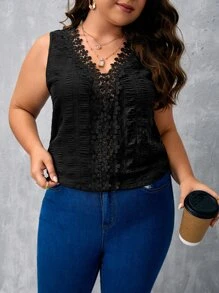 SHEIN Clasi Plus Guipure Lace Insert Blouse - Black - View 5