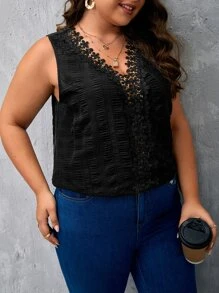 SHEIN Clasi Plus Guipure Lace Insert Blouse - Black - View 6