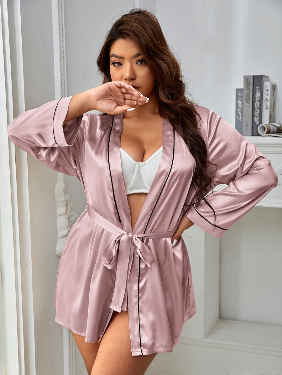 Bata ribete en contraste con cinturón de satén sin forro - Rosa vieja - Ver 1
