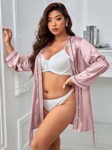 Bata ribete en contraste con cinturón de satén sin forro - Rosa vieja - Ver 4