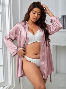 Bata ribete en contraste con cinturón de satén sin forro - Rosa vieja - Ver 5
