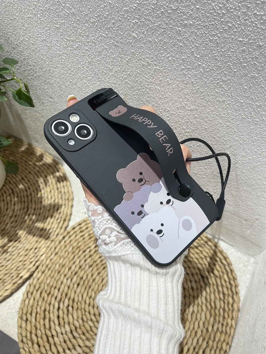 Ốp điện thoại hình hoạt hình kèm dây đeo cổ tay và móc cài, tương thích với iPhone 15/15Plus/15Pro/15Promax, phiên bản quốc tế, không phải phiên bản nội địa. - màu đen - Xem 1