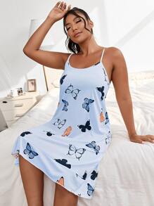 Plus Butterfly Print Ruffle Hem Cami Nightdress - Baby Blue - View 1