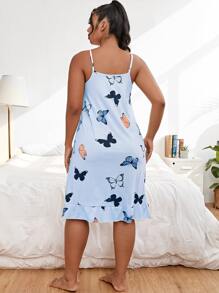 Plus Butterfly Print Ruffle Hem Cami Nightdress - Baby Blue - View 2