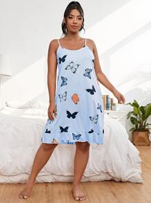 Plus Butterfly Print Ruffle Hem Cami Nightdress - Baby Blue - View 3
