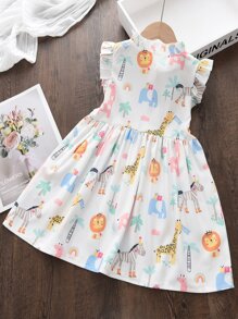 SHEIN Vestido de niña con volantes y estampado de dibujos animados, vestido de verano para niña pequeña, vestido de verano para niña - Blanco - Ver 2