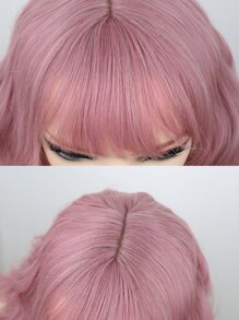 Pelucas Bob con flequillo Color rosa peluca ondulada de agua pelucas sintéticas de fibra resistente al calor de onda profunda de 16 pulgadas para mujeres de uso diario - Rosa - Ver 7