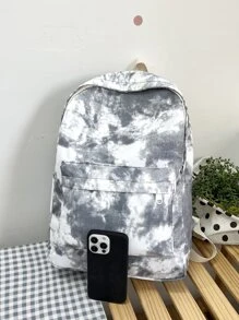 1 pieza Mochila para dama de lona con contraste de color tipo teñido anudado, mochila para laptop de gran capacidad para estudiantes - Gris - Ver 7