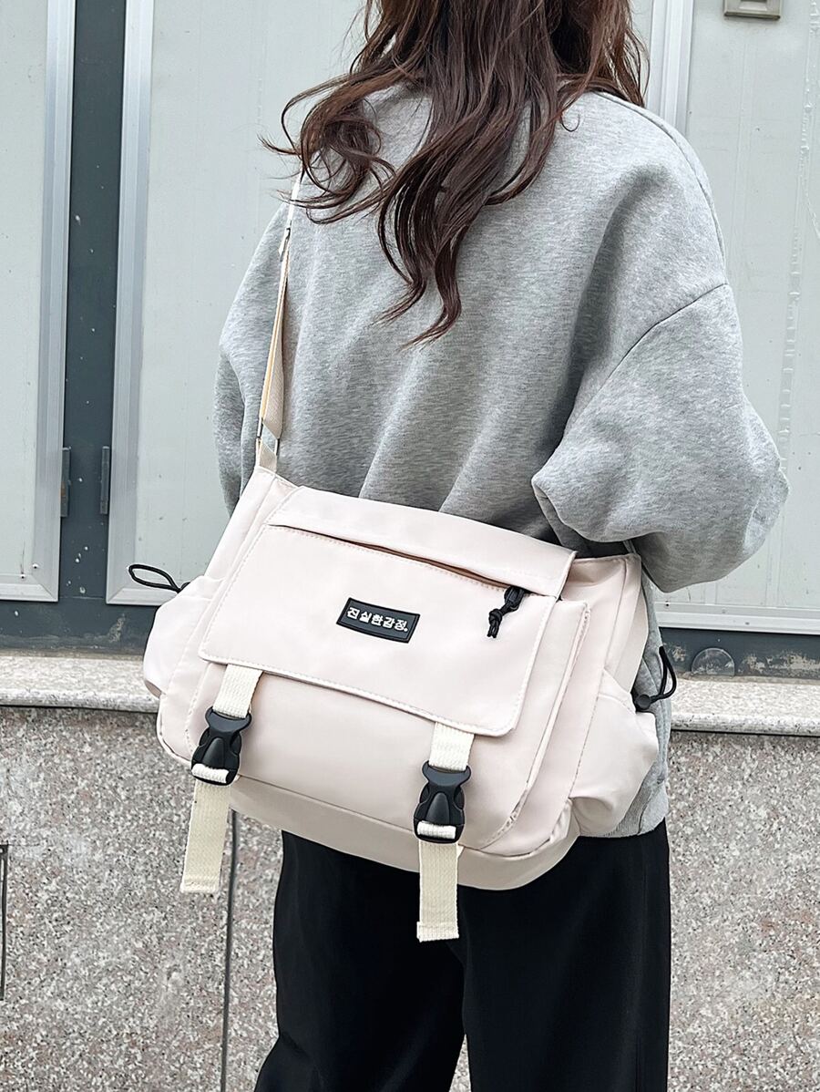 Sporty, Preppy, Lightweight, Business Casual Minimalist Letter Patch Decor Square Bag For Teen Girls Women College Students, Rookies & White-Collar Workers Perfect For Office, College,Work, Business, Commute, Outdoors, Travel, Outings Elementary School, Middle School, High School, Back To School - Màu be - Xem 1