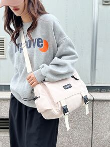 Sporty, Preppy, Lightweight, Business Casual Minimalist Letter Patch Decor Square Bag For Teen Girls Women College Students, Rookies & White-Collar Workers Perfect For Office, College,Work, Business, Commute, Outdoors, Travel, Outings Elementary School, Middle School, High School, Back To School - Màu be - Xem 2