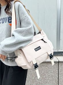 Sporty, Preppy, Lightweight, Business Casual Minimalist Letter Patch Decor Square Bag For Teen Girls Women College Students, Rookies & White-Collar Workers Perfect For Office, College,Work, Business, Commute, Outdoors, Travel, Outings Elementary School, Middle School, High School, Back To School - Màu be - Xem 4
