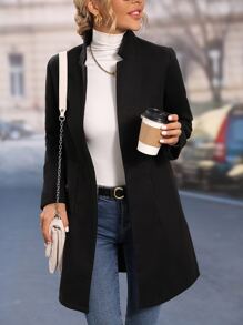 SHEIN LUNE Solid Dual Pocket Overcoat - Black - View 5