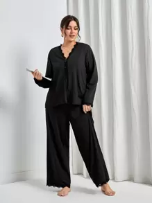 Plus Contrast Lace PJ Set / Pajama Set - Black - View 1