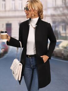 SHEIN LUNE Solid Dual Pocket Overcoat - Black - View 6