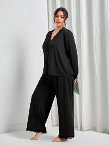 Plus Contrast Lace PJ Set / Pajama Set - Black - View 4