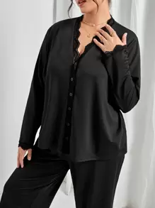 Plus Contrast Lace PJ Set / Pajama Set - Black - View 5