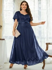 Plus Flutter Sleeve Sweetheart Neck Rhinestone Detail Lace Bridesmaid Dress - Navy Blue - View 1